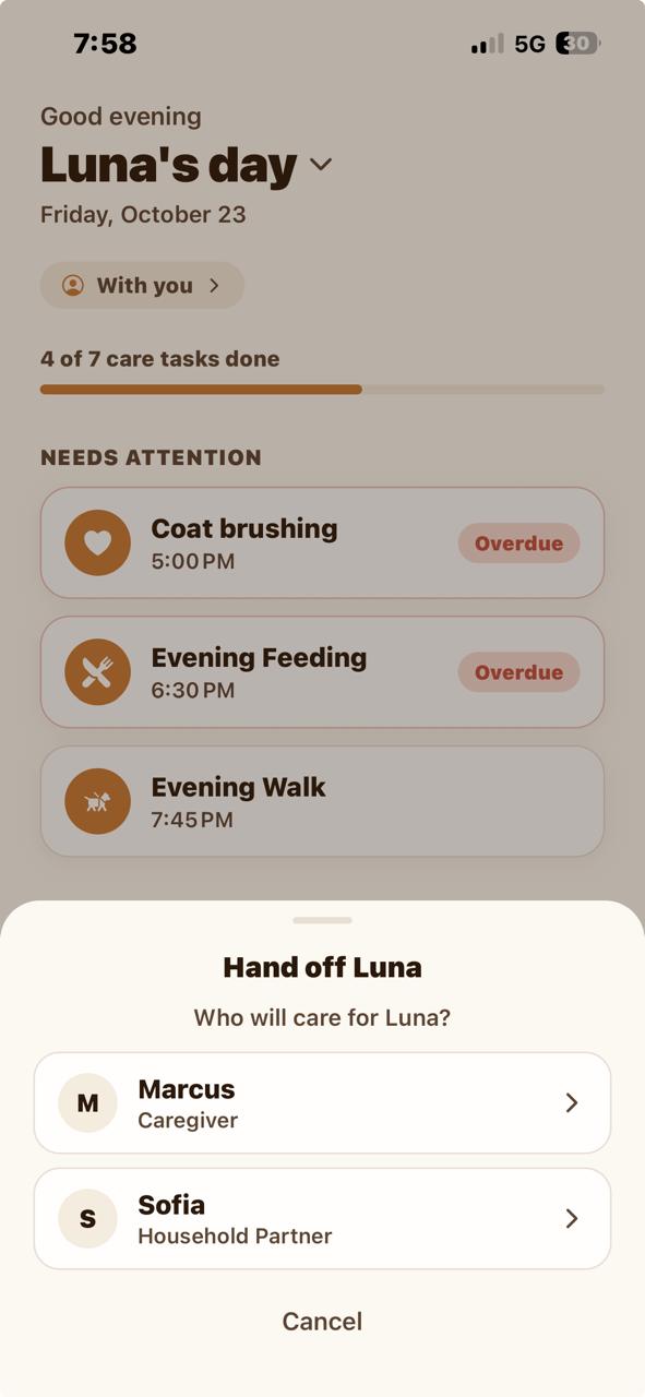 PetTandem's handoff sheet for choosing Marcus or Sofia to care for Luna.