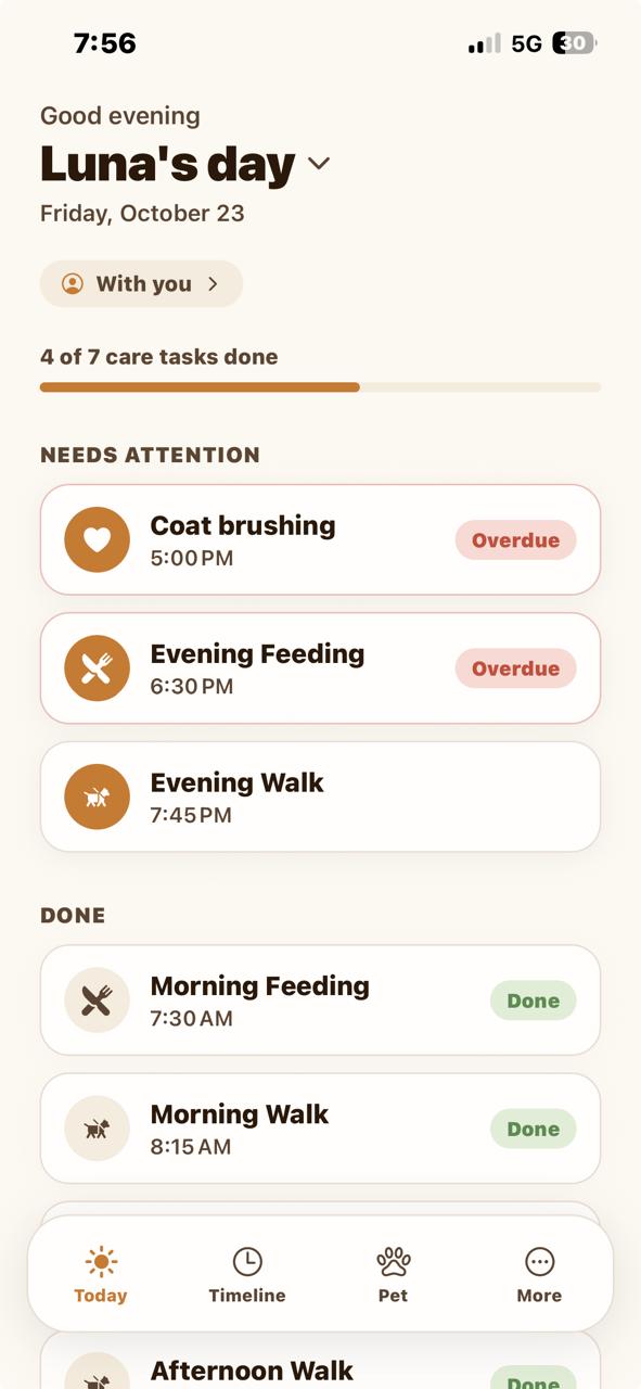 PetTandem's Today screen for Luna showing four of seven care tasks completed, two overdue tasks, and the evening walk coming next.