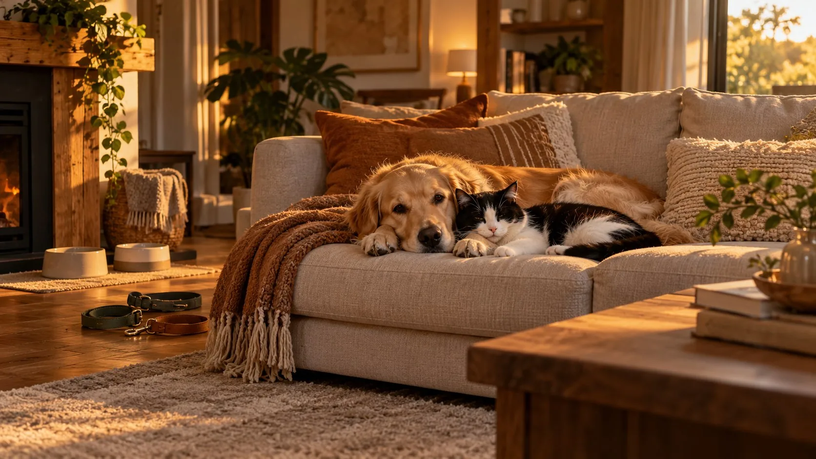 A golden retriever and black-and-white cat resting together on a linen sofa in a warm, pet-friendly home.